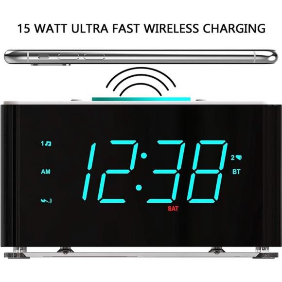 Smartset 15Watt Ultra Fast Wireless Charging Dual Alarm Clock Radio with Speaker - Picture 4 of 6